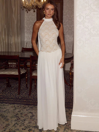 White Lace Halter Maxi Dress For Women Elegant High Neck Long Dress 2026 Summer Sleeveless Pleated Party Evening Gown