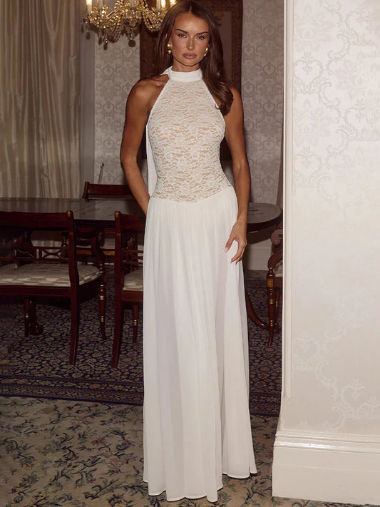 White Lace Halter Maxi Dress For Women Elegant High Neck Long Dress 2026 Summer Sleeveless Pleated Party Evening Gown