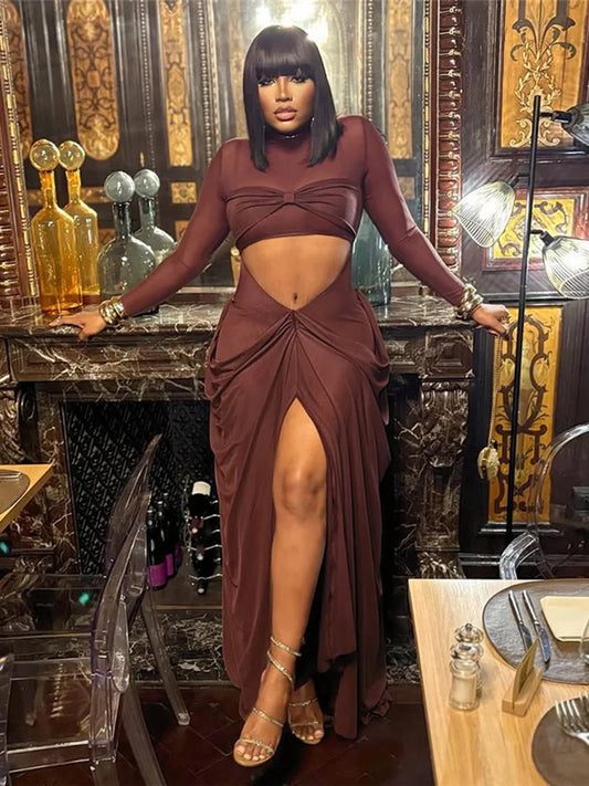 Wrap Knot Dress Women Sexy Patchwork Mesh Chic Hollow Full Sleeve Split Fall Hipster Elegant Birthday Party Vestidos