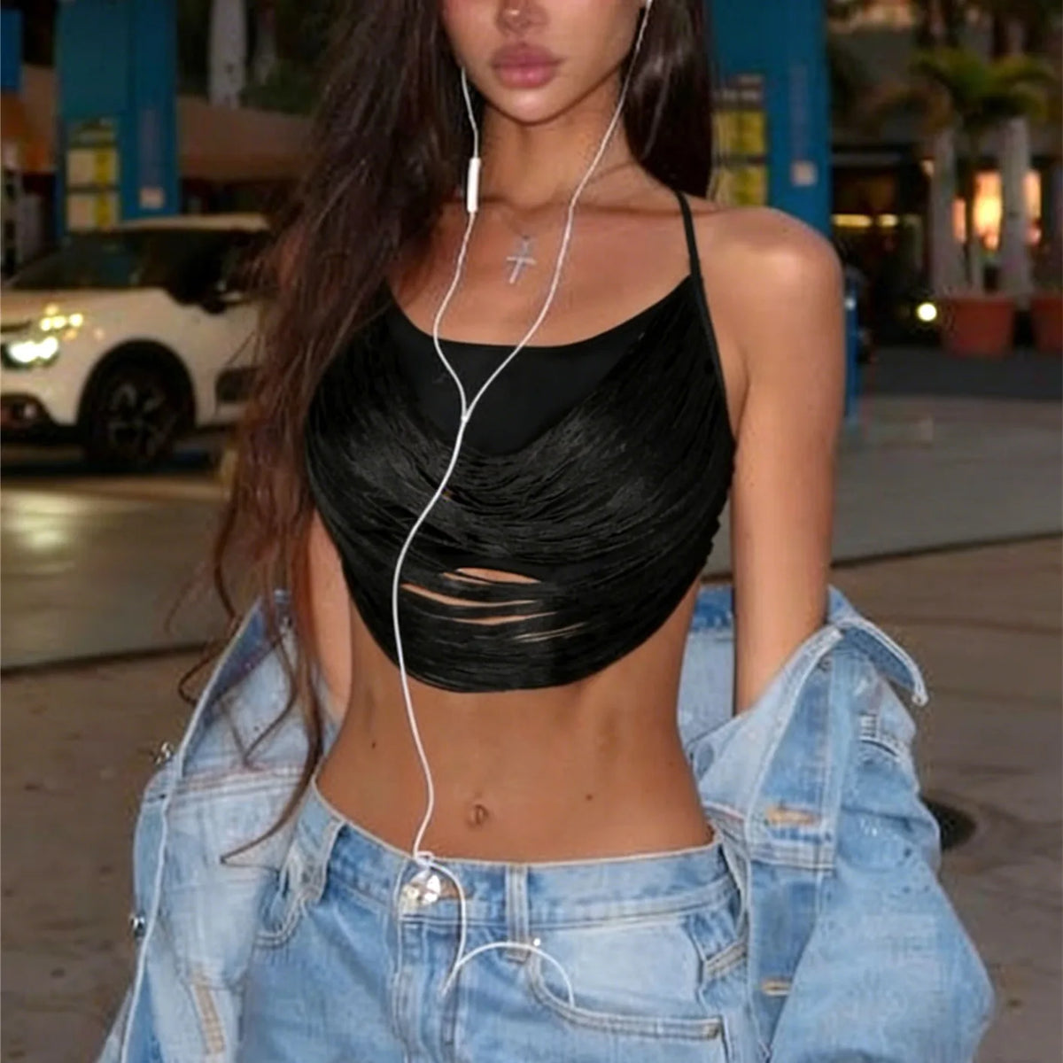 Fringe Halter Crop Top Women Y2K Aesthetic Cutout Layered Sleeveless Cami Top Sexy Backless Clubwear Night OutStreetwear