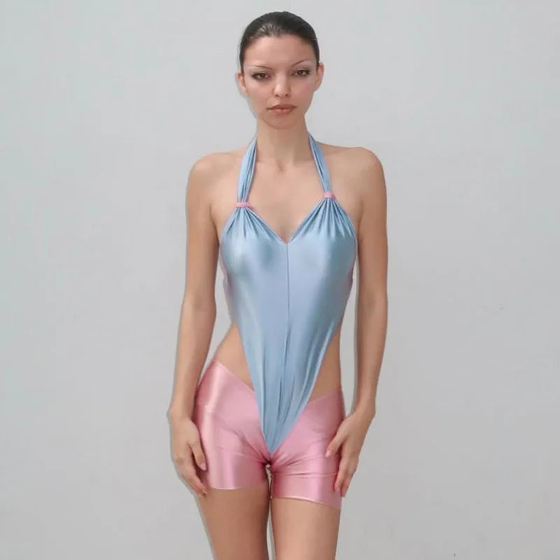 Y2K Hot Girl Contrast Color Shiny Silk Jumpsuit V Neck Halter Open Side Hollow Bodycon Stretch Party Romper Playsuits
