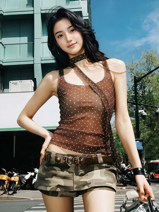 Polka Dot Print Vest+Ribbon Women Low-Neck Skinny Summer New Trend Sexy Hottie Midnight Music Festival Streetwear