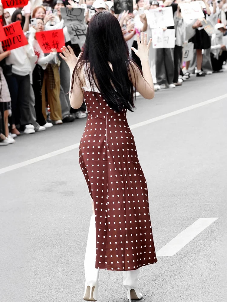 Polka Dot Print Maxi Dress Women Patchwork Lace High Slit v-Neck Sleeveless Street Fashion Party Classic Vestidos