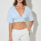 Women Deep V Neck Short Sleeve Crop Top Loose Drop Shoulder Ruched Bust Wrap Front Cropped T Shirt Y2K Casual Streetwear