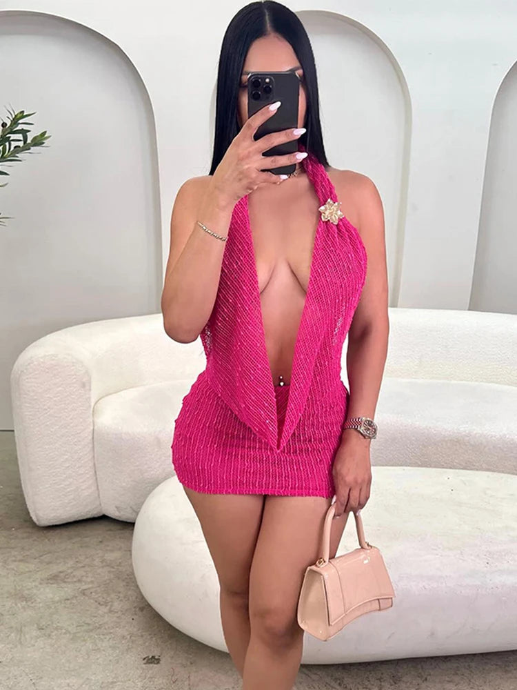 Crochet Halter Backless Dress Women Sexy Swing Collar Peach Hip Sleeveless Hottie Stretch Club Summer Mini Bodycon