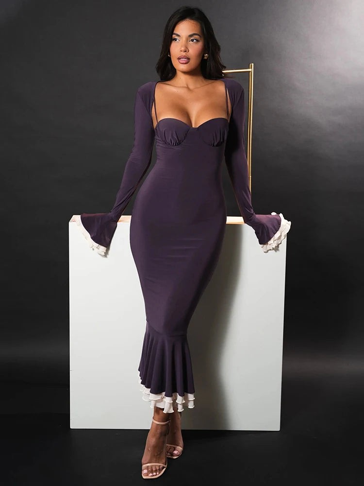 Elegant Long Sleeve Sexy Maxi Dress For Women Gown Fashion Patchwork Square Collar Bodycon Evening Fishtail Dress