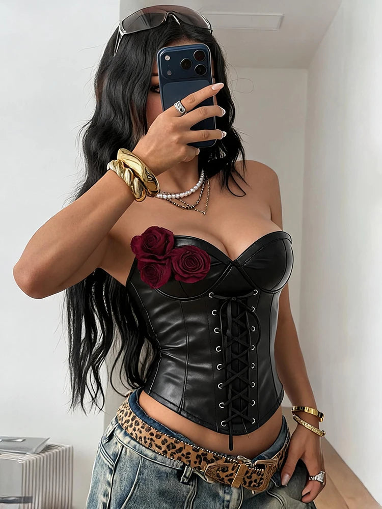 Wrap Chest Faux Leather Tank Tops Woman Sexy Rose Applique Shirring Backless Hot Girls Street Wild Style Classic Vests