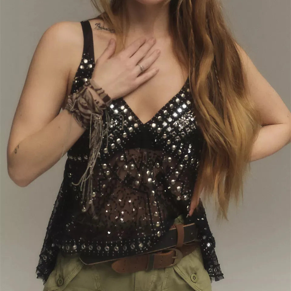 Women Y2K Sequin Mesh Tank Top Glitter Floral Embroidered Cami Crop Top Coquette Sleeveless Backless Rhinestone Camisole