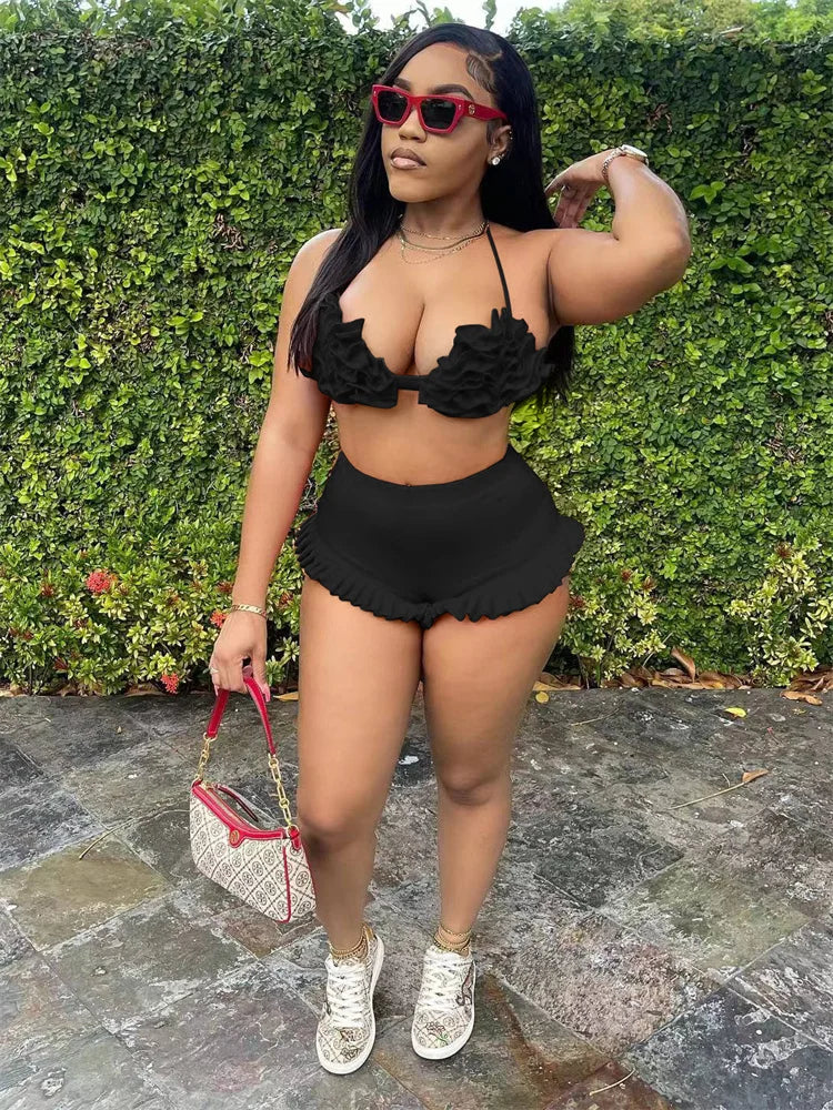 Beach Style 2 Piece Set Women Haltere Backless Ruched Bra+Ruffles Skinny Skirts Vacation Fashion Sexy Hipster Outfits