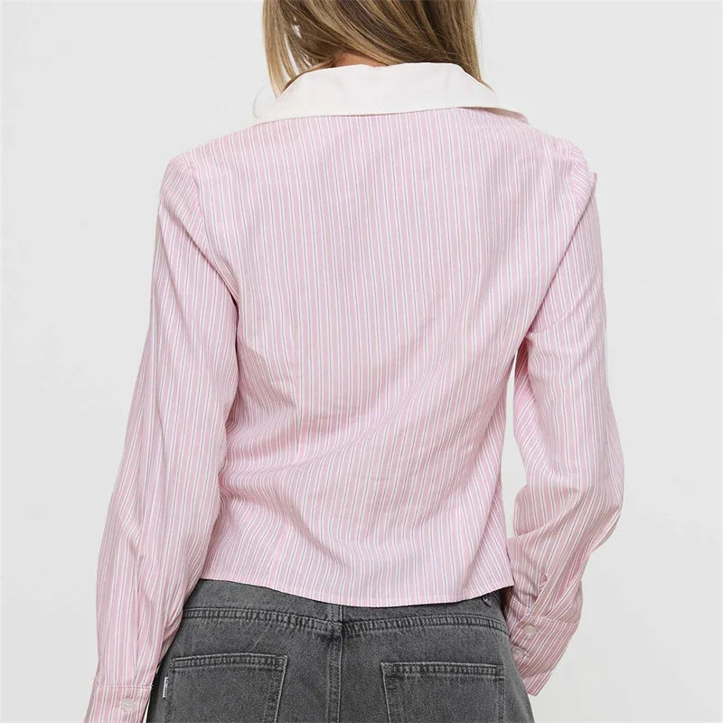 Fashion Women Striped Shirt Long Sleeve Shirt Button-down Elegant Ladies Blouse Fall Spring Work Out Tops Casual Daily
