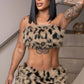 Furry Patchwork 2 Piece Set Woman Leopard Print Sexy Wrap Chest Backless Tank Tops+Mini Shorts Street Wild Style Suit