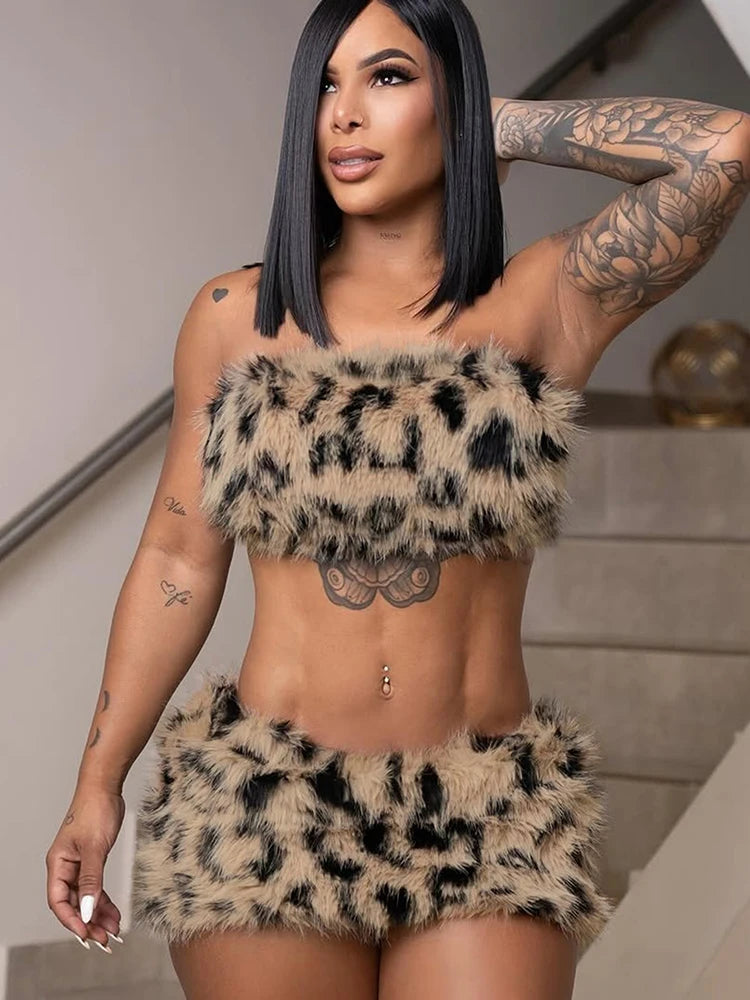 Furry Patchwork 2 Piece Set Woman Leopard Print Sexy Wrap Chest Backless Tank Tops+Mini Shorts Street Wild Style Suit