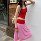 Color Blocking 2-Piece Set Women Low-Neck Skinny Camisole+Patchwork Elastic Waist Skirt Street Vacation Streetwear