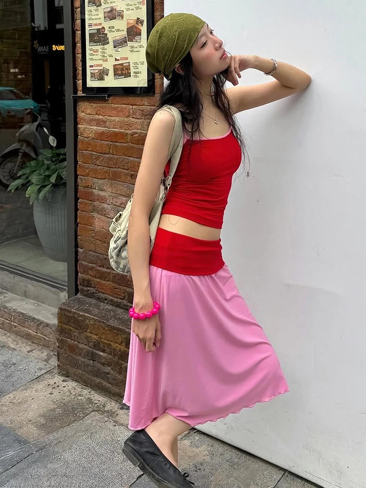 Color Blocking 2-Piece Set Women Low-Neck Skinny Camisole+Patchwork Elastic Waist Skirt Street Vacation Streetwear