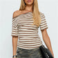 Summer Women's Striped Off-Shoulder T-Shirt with Ruched Side Short Sleeve Asymmetrical Neckline Casual Tops Daily Wear