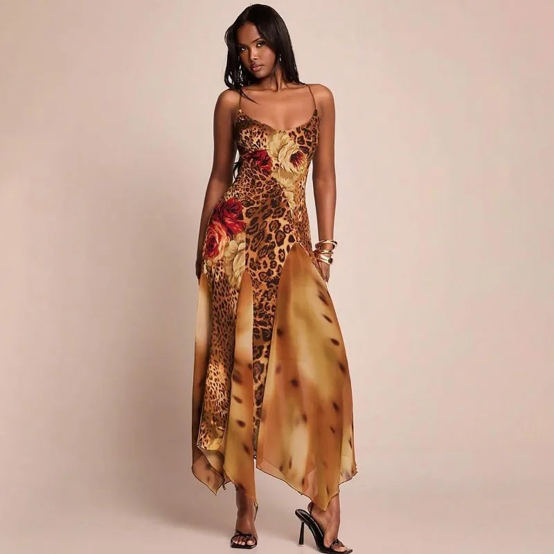 Leopard Print Mesh Splicing Sleeveless Maxi Dress Woman Fashion 2026 Sexy Summer Dresses