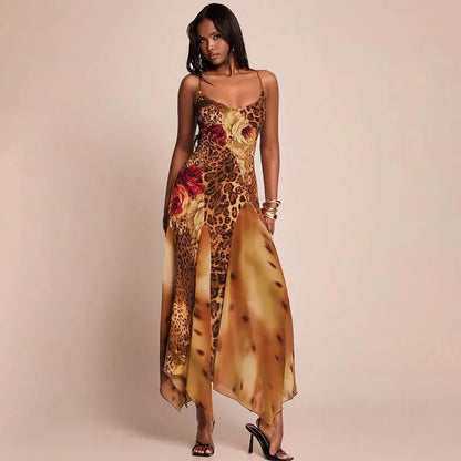 Leopard Print Mesh Splicing Sleeveless Maxi Dress Woman Fashion 2026 Sexy Summer Dresses