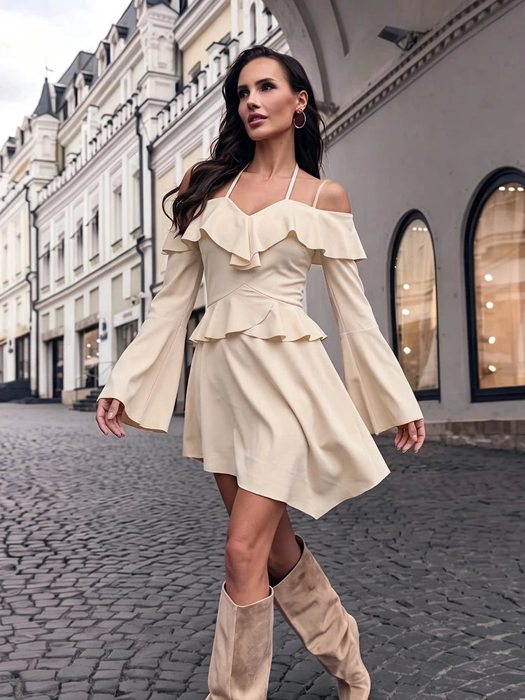 Ruffled Patchwork Dress Women Sexy Simple Slash Neck Bandages Puff Sleeve Irregular Hem Fashion Party Club Bodycon