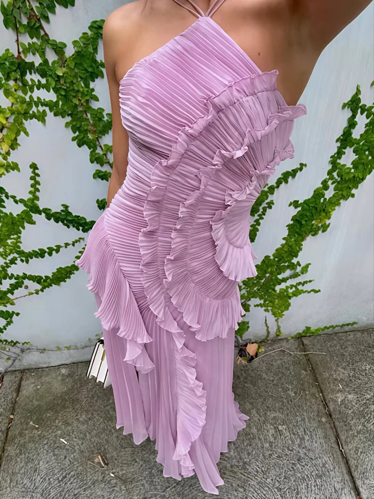 Elegant Off-shoulder Ruffle Sexy Maxi Dress Women Fashion Halter Sleeveless Backless Draped Pleated Club Party Dress