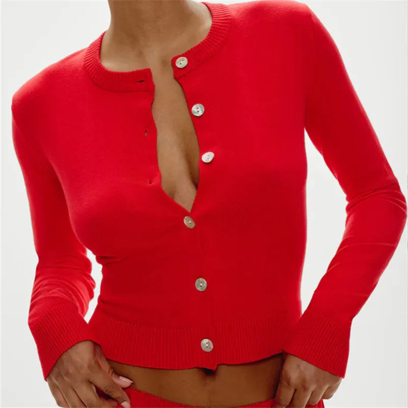 Knitted Fashionable Casual Cardigan Top Solid Color Round Neck Long Sleeved Slim Fit Winter Fall Button Sweater Tops