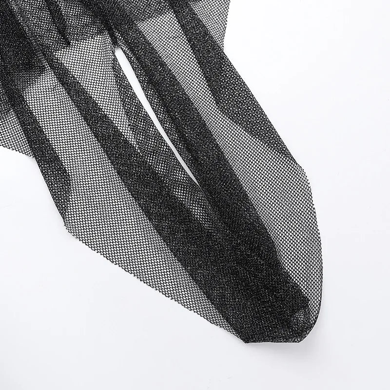 Sparkling Mesh 2 Piece Short Sets Women Hooded Crop Top Asymmetrical Skirt Sexy Rave Outfits Summer Co Ords