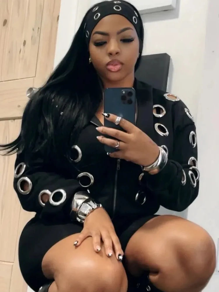 Y2K Hooded Crop Jacket Women Fall Hooded Metal Hollow Skinny Trend Simple Classic High Streetwear Casual Basis Coat