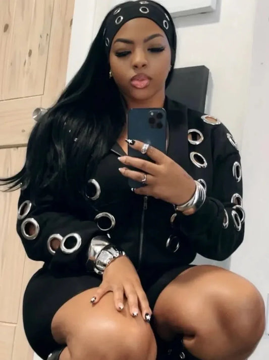 Y2K Hooded Crop Jacket Women Fall Hooded Metal Hollow Skinny Trend Simple Classic High Streetwear Casual Basis Coat