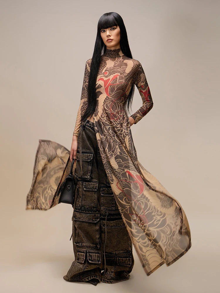 See Through Maxi T-Shirts Women Snake Print Turtleneck Full Sleeve High Split Elastic Sexy Coquette Skinny Clubwear