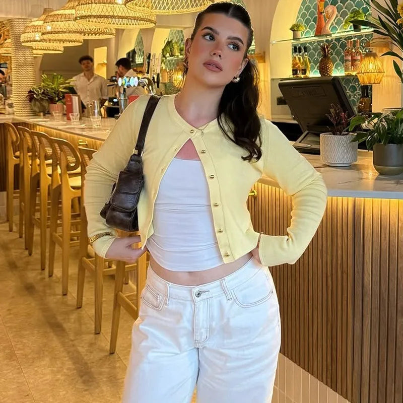 Yellow Cardigan Woman Clothes Fall 2025 Solid Color Ribbed Knitted Sweaters Button Up Long Sleeve Top