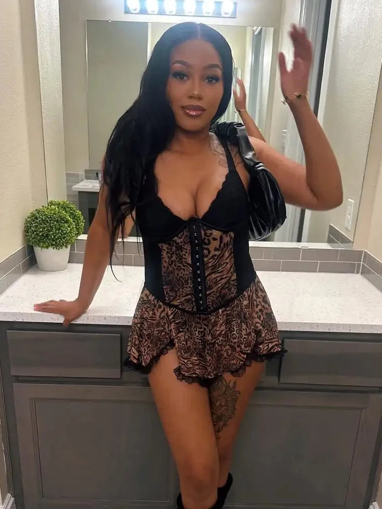 Patchwork Lace Hem Camis Dress Women Chic Y2K Sexy Leopard Print Backless Birthday Vacation Midnight Clubwear Bodycon