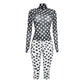 Polka Dot Print 2-Piece Set Women Turtleneck See Through Full Sleeve Crop Tops+Simple Color Blocking Short Streetwear