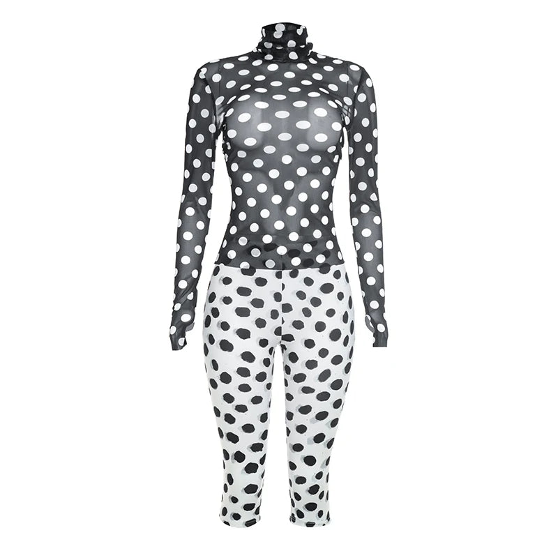 Polka Dot Print 2-Piece Set Women Turtleneck See Through Full Sleeve Crop Tops+Simple Color Blocking Short Streetwear