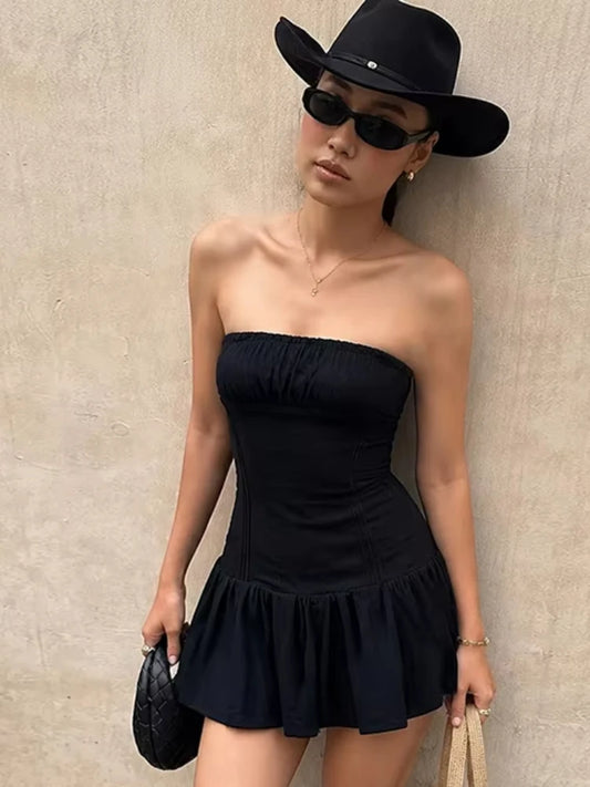 Summer Fashion Folds Dress Women Chest Wrap Sleeveless Skinny Sexy Midnight Simple Classic Prom Party Chic Mini Bodycon