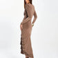 Ruched Ruffles Maxi Dress Deep V-Neck Full Sleeve Elegant Sexy Stretch Skinny Birthday Evening Cocktail Party Bodycon