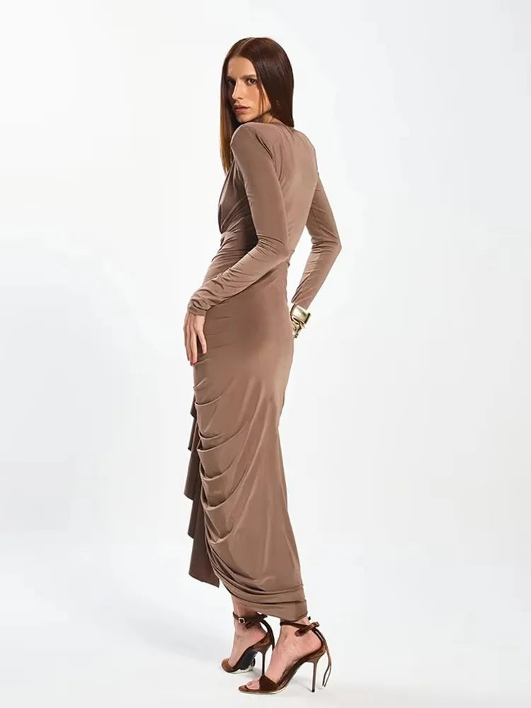 Ruched Ruffles Maxi Dress Deep V-Neck Full Sleeve Elegant Sexy Stretch Skinny Birthday Evening Cocktail Party Bodycon