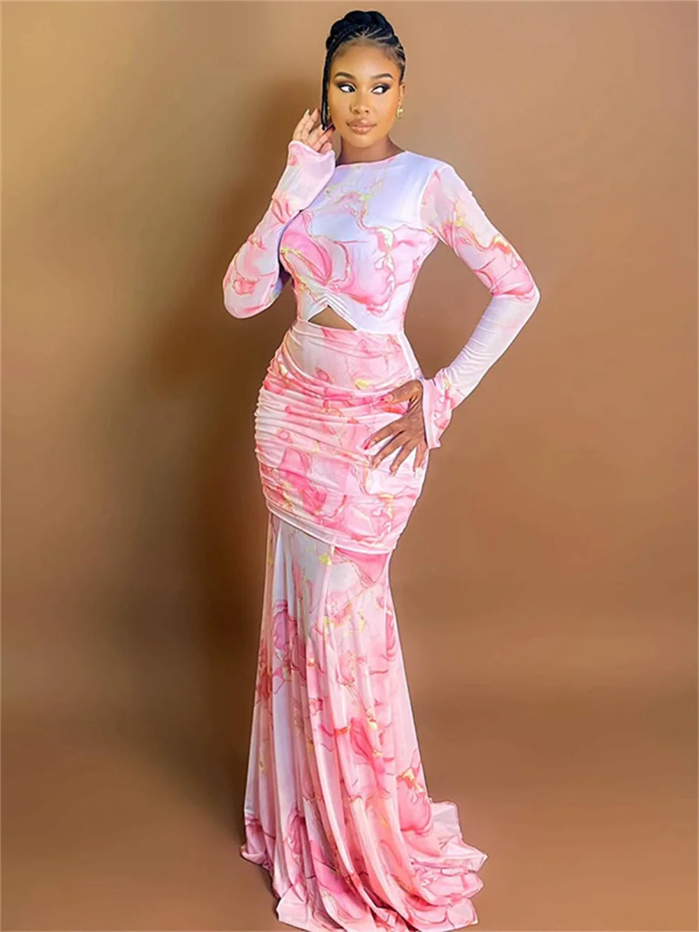 Gradient Dress Women Elegant Mesh Chic O-Neck Full Sleeve Hollow Ruched Peach Hip Holiday Beach Party Stretch Bodycon