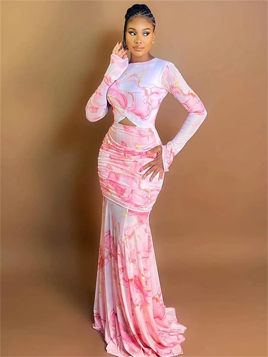 Gradient Dress Women Elegant Mesh Chic O-Neck Full Sleeve Hollow Ruched Peach Hip Holiday Beach Party Stretch Bodycon