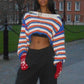 Colorful Striped Crop Sweater Women Hipster Long Sleeve Slash Neck Casual Christmas Activity Streetwear Pullover Tops
