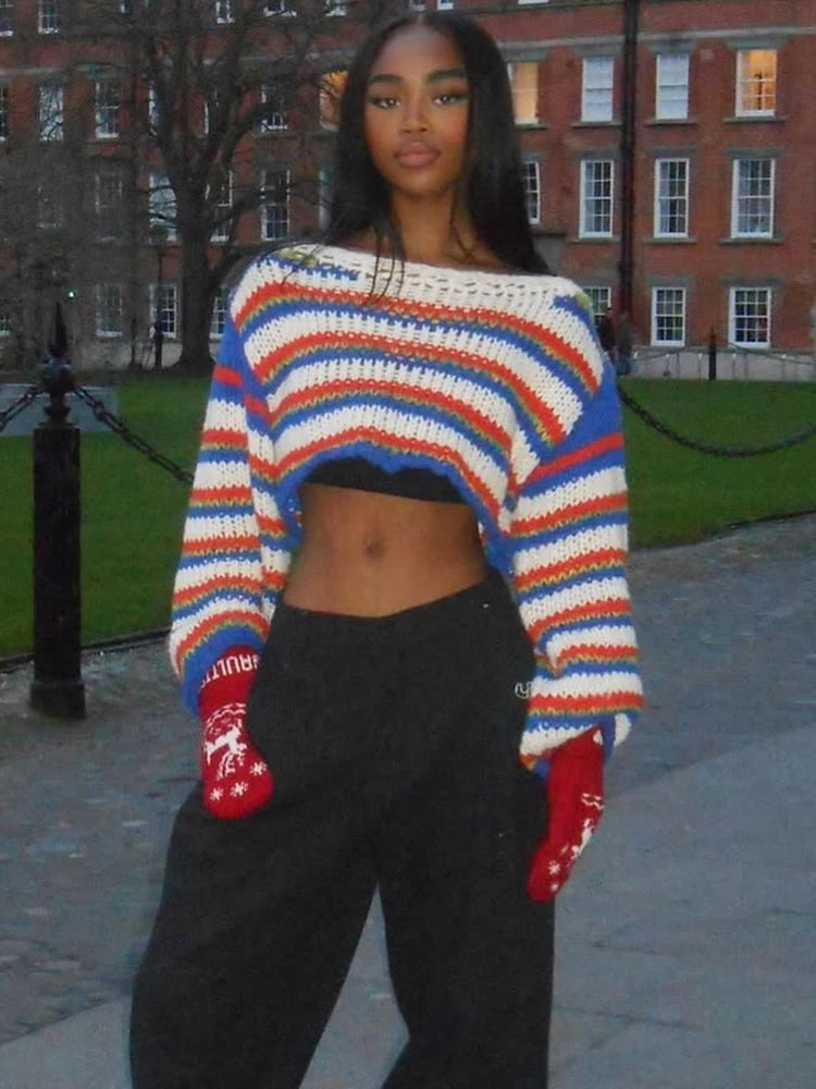 Colorful Striped Crop Sweater Women Hipster Long Sleeve Slash Neck Casual Christmas Activity Streetwear Pullover Tops