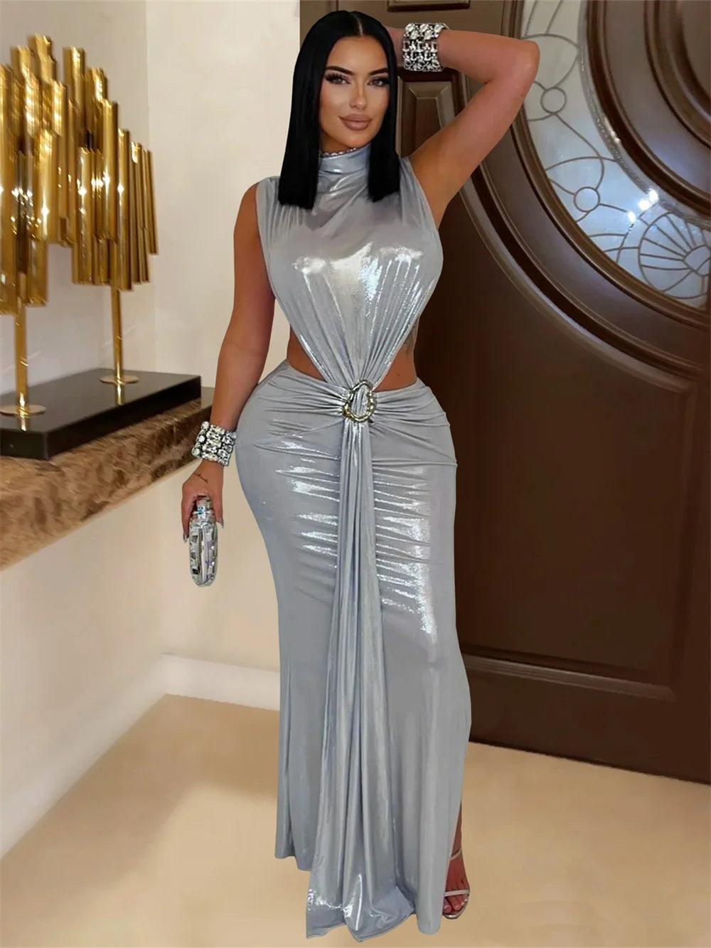 Silky Sexy Dress Women Sleeveless Waistless Metal Button Ribbon Ruched Side Split Party Midnight Club Wedding Bodycon