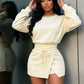 Sporty 2-Piece Set Women o-Neck Lantern Long Sleeve Crop Tops+Split Drawstring Skirt Fashion Summer Autumn Suits