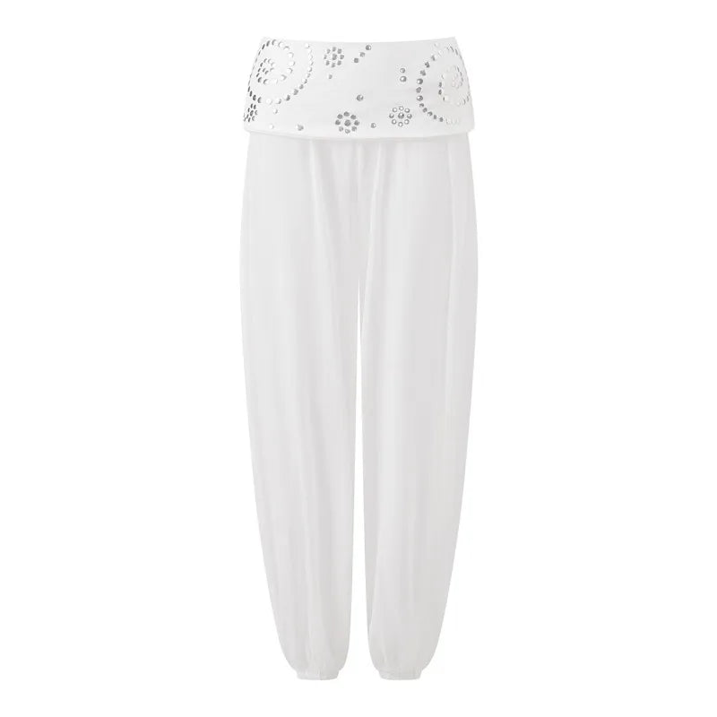 Sheer Mesh Harem Pants for Women with Rhinestone Waistband Low Waist Loose See-Through Beach Cover Up Trousers