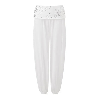 Sheer Mesh Harem Pants for Women with Rhinestone Waistband Low Waist Loose See-Through Beach Cover Up Trousers