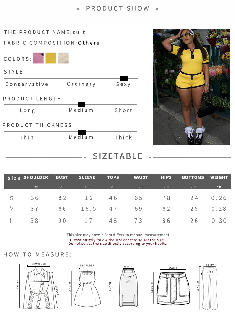 Casual 2piece Set Women Tracksuit Summer Hipster Polo Neck Crop Tops+Button Shorts Matching Skinny Stretch Streetwear