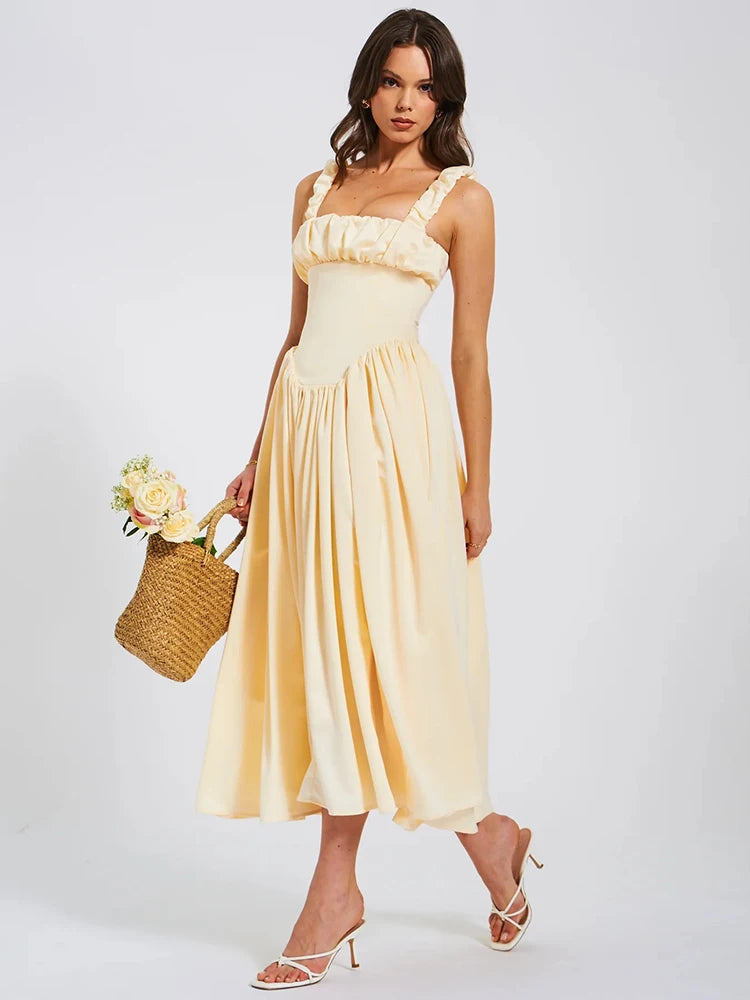 Elegant Satin Backless Midi Dress For Women High Quality Sundress Fashion Square Collar Sleeveless Loose Pleated Dress