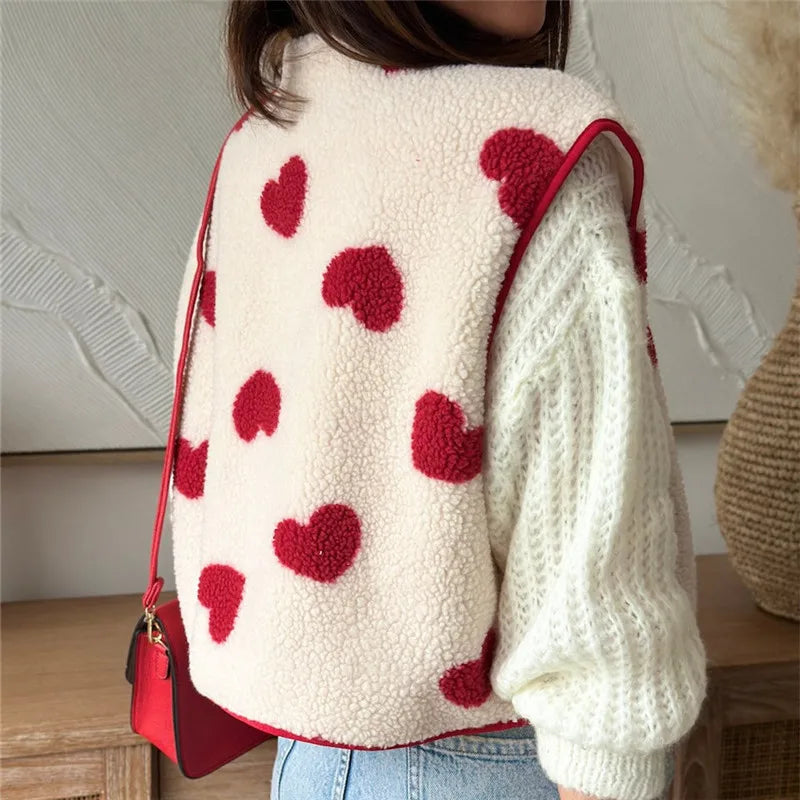 Women Winter Vest Sleeveless Jacket Button Closure Heart Print Warm Furry Vest Outwear for Valentine's Day