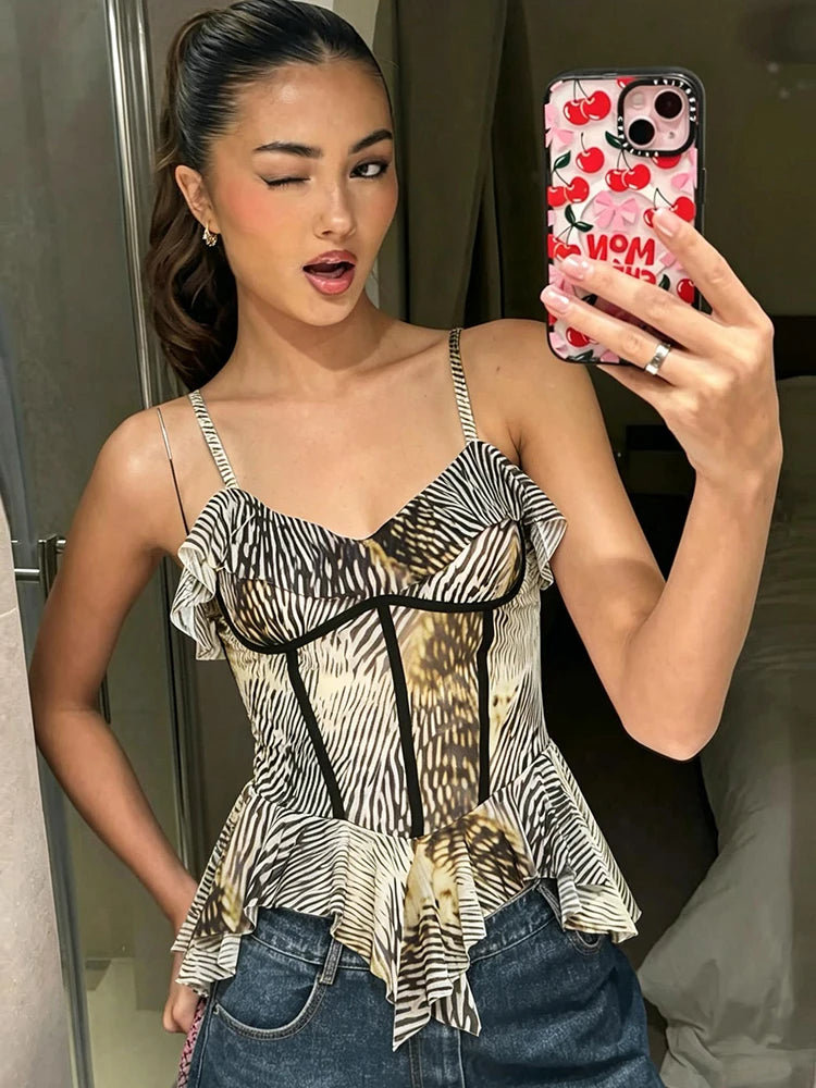 Folds Art Print Irregular Hem Camisole Women Low-Neck Line Decoration Skinny Sexy Summer Fashion Chic Midnight Outfits
