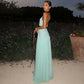 Mint Green Mesh Flowy Maxi Dress Woman Elegant Sexy Bow Deep V Neck Backless Long Dresses