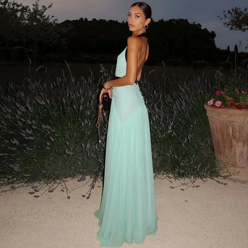 Mint Green Mesh Flowy Maxi Dress Woman Elegant Sexy Bow Deep V Neck Backless Long Dresses