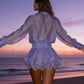 Sexy Mesh See Through Solid Mini Dress Women Hipster Lapel Single Breasted Full Sleeve Tiered Dresses Party Clubwear